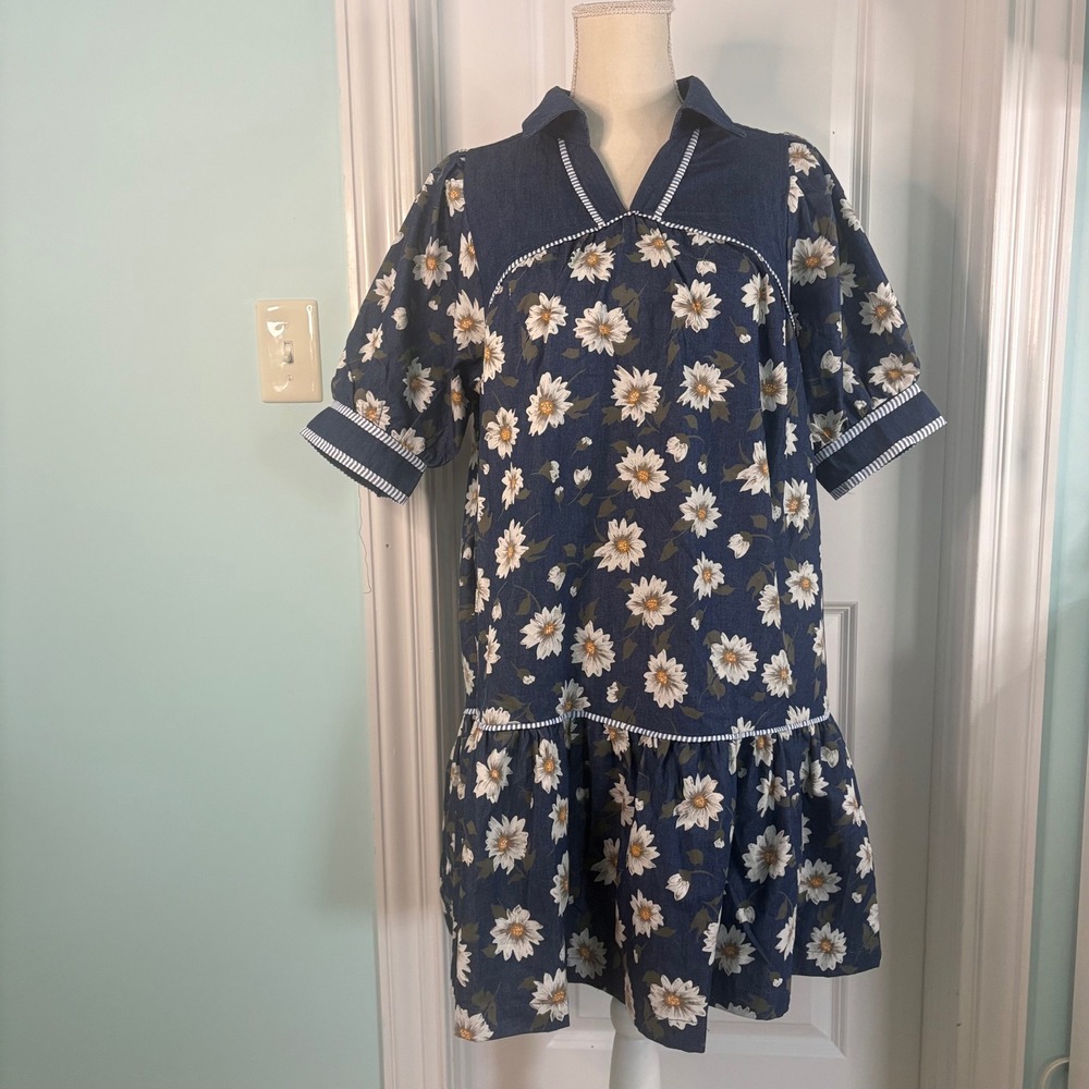 Umgee Womens Daisy Floral Denim Look Tiered Babydoll Dress Blue Medium NWT